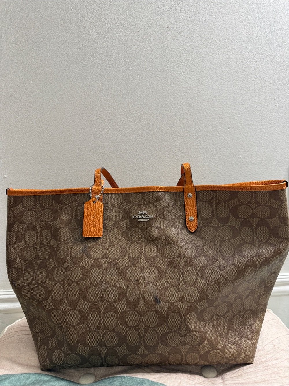Coach Brown Signature Tote with Orange Trim